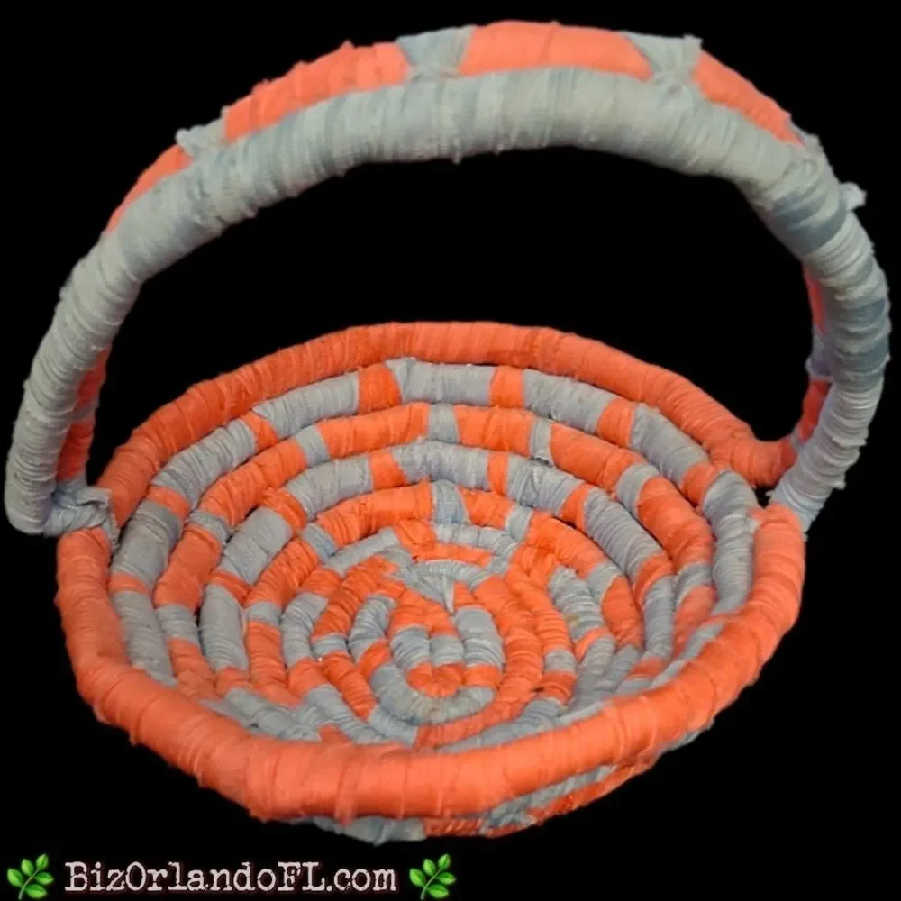 VINTAGE: Set of 2 Matching Nested Coiled Rope Basket in Coral & Blue Colors RARE